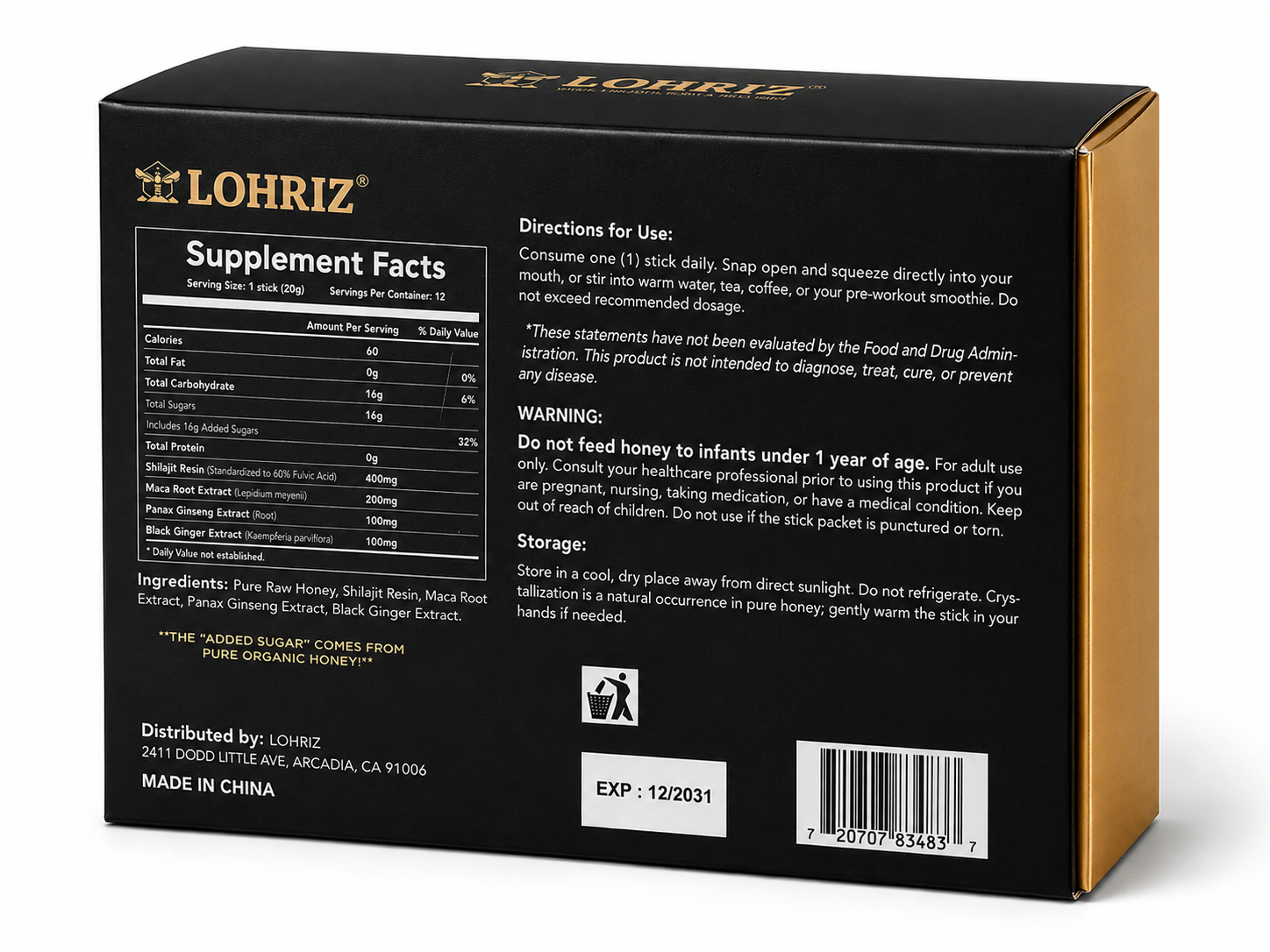 Honey product package back panel with label information