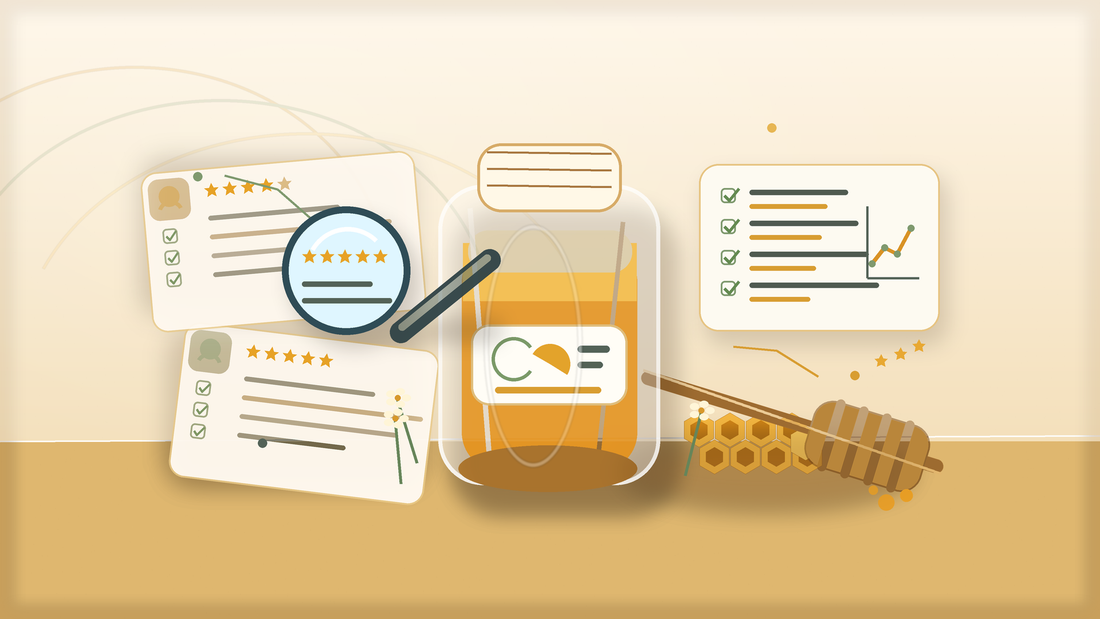 Illustration of honey product reviews, a magnifying glass, checklist, and review trend chart