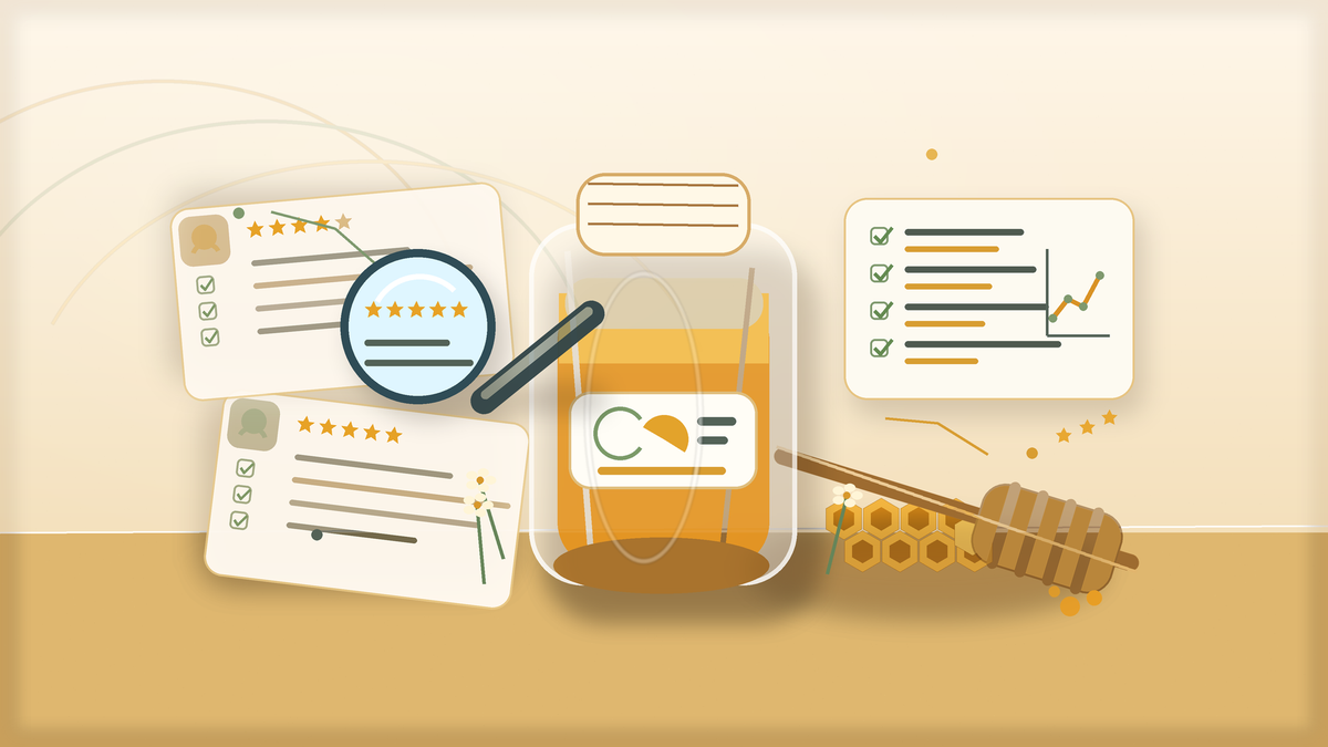 Illustration of honey product reviews, a magnifying glass, checklist, and review trend chart
