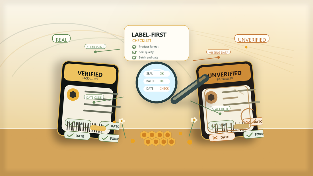 Illustration comparing verified and unverified honey packaging with seal, batch, date, and format checks