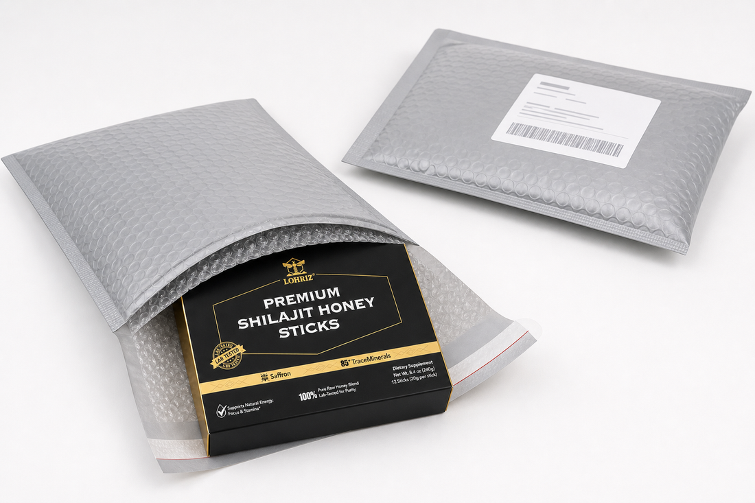 LOHRIZ Shilajit Honey box packed for dispatch in a padded shipping mailer