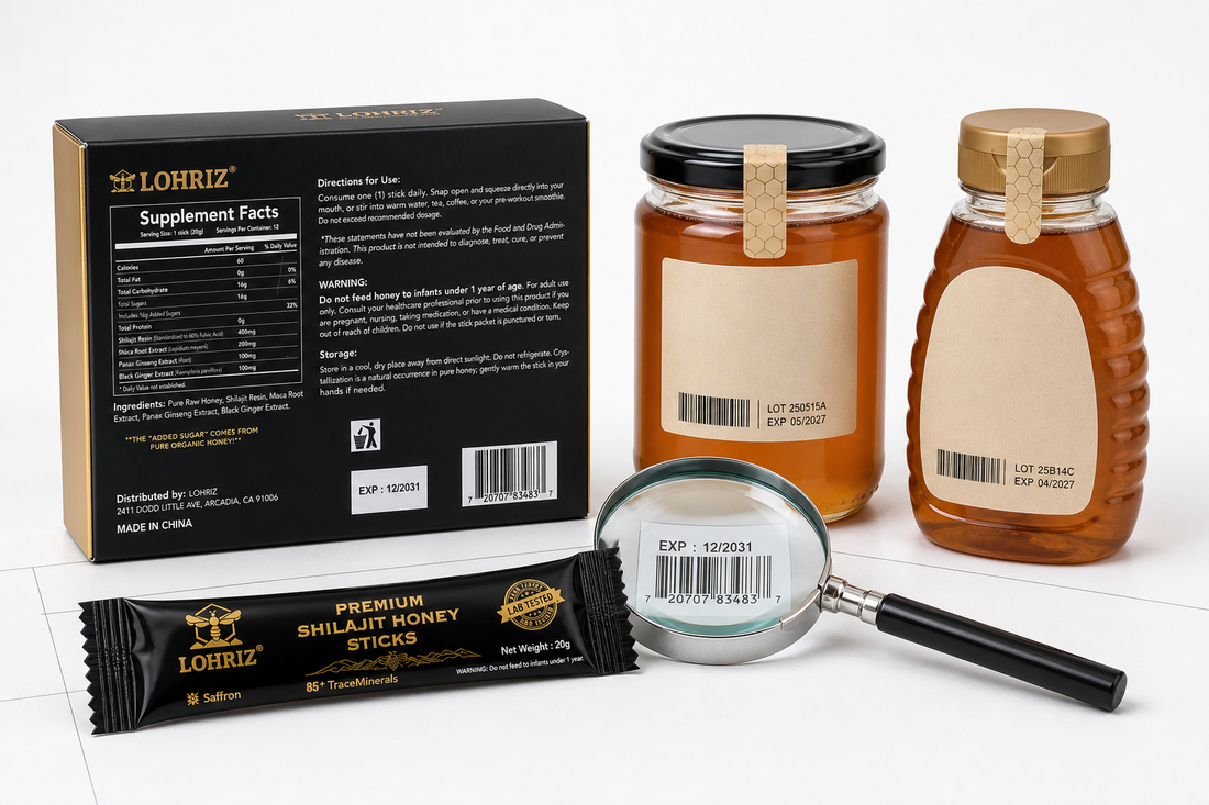 LOHRIZ package, sealed stick, honey jars, lot labels, expiration labels, and barcodes shown for comparison