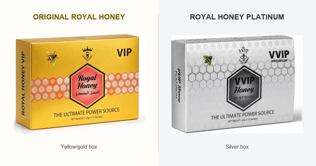 Original Royal Honey yellow box and Royal Honey Platinum silver box compared side by side