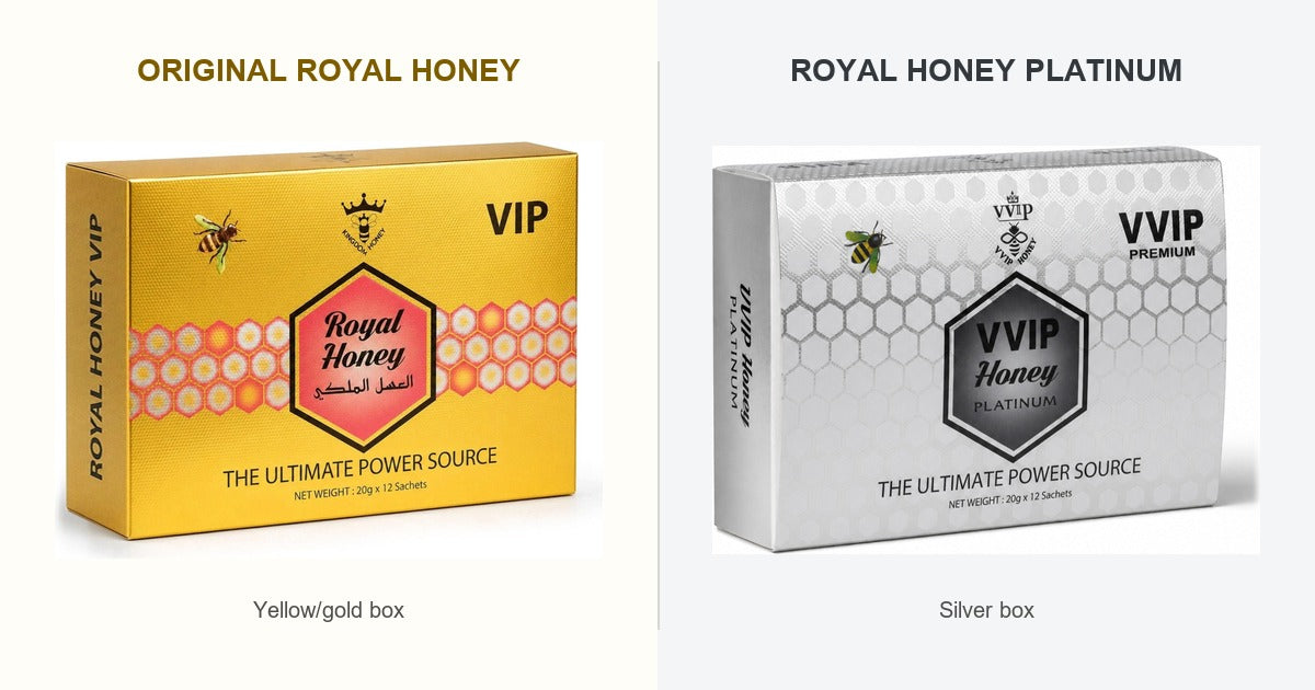 Original Royal Honey yellow box and Royal Honey Platinum silver box compared side by side