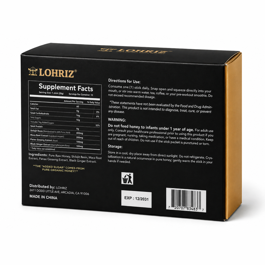 Back panel of the LOHRIZ Premium Shilajit Honey box with label information