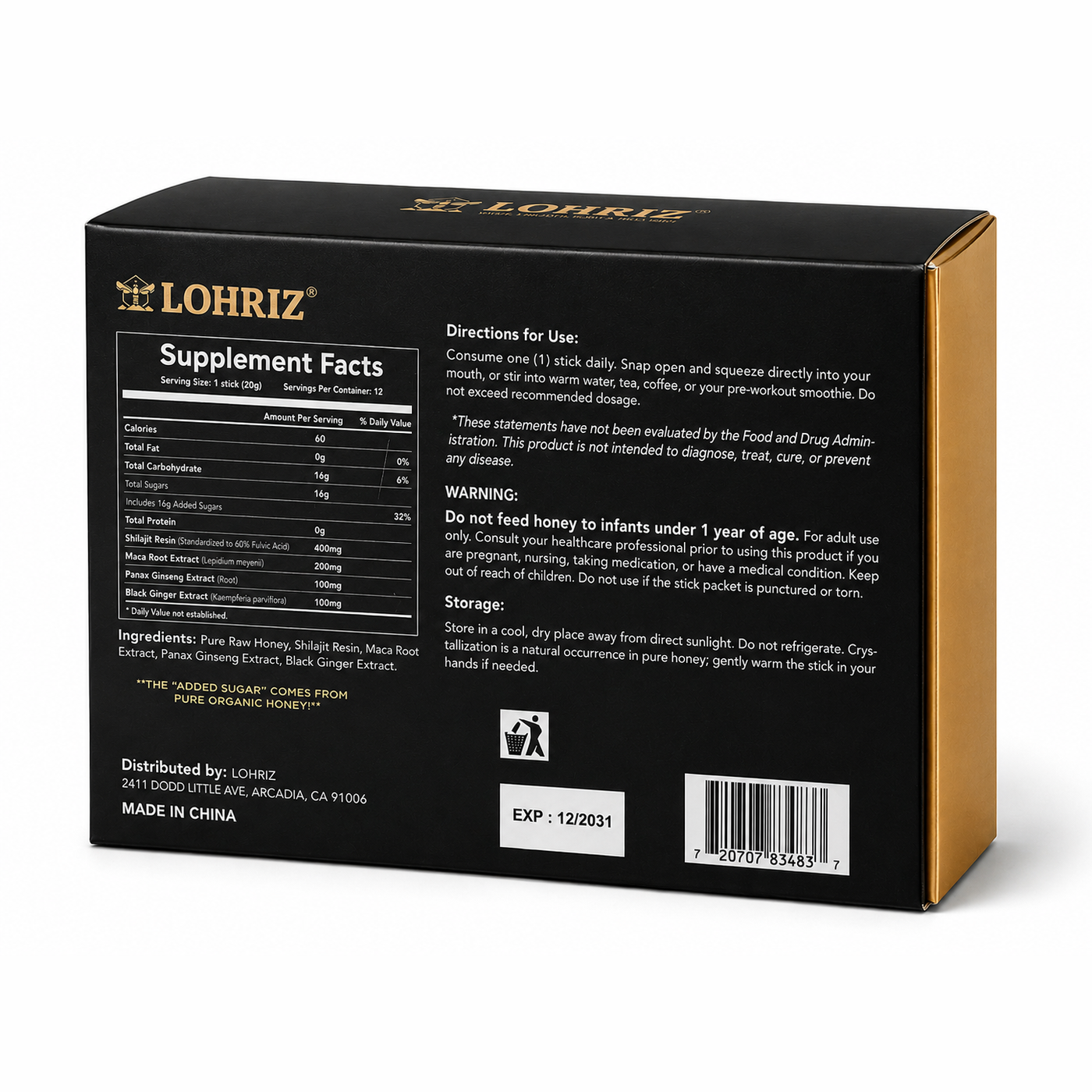 Back panel of the LOHRIZ Premium Shilajit Honey box with label information