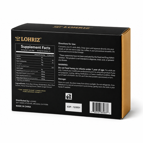 Back panel of the LOHRIZ Premium Shilajit Honey box with label information