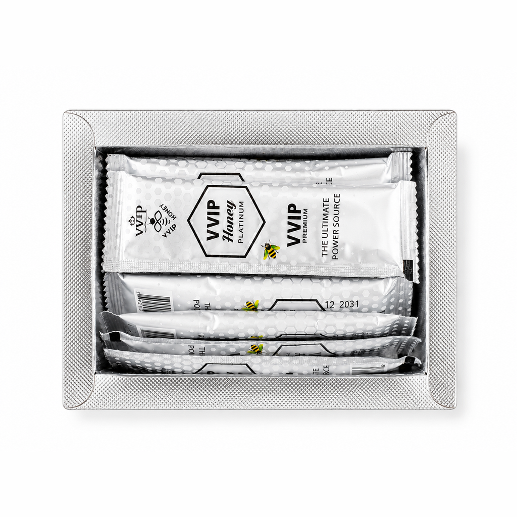 Open Royal Honey Platinum box showing sealed sachets