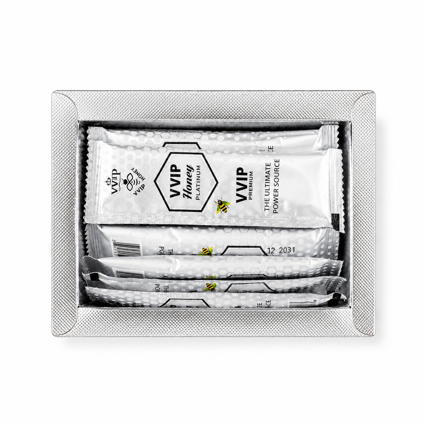 Open Royal Honey Platinum box showing sealed sachets