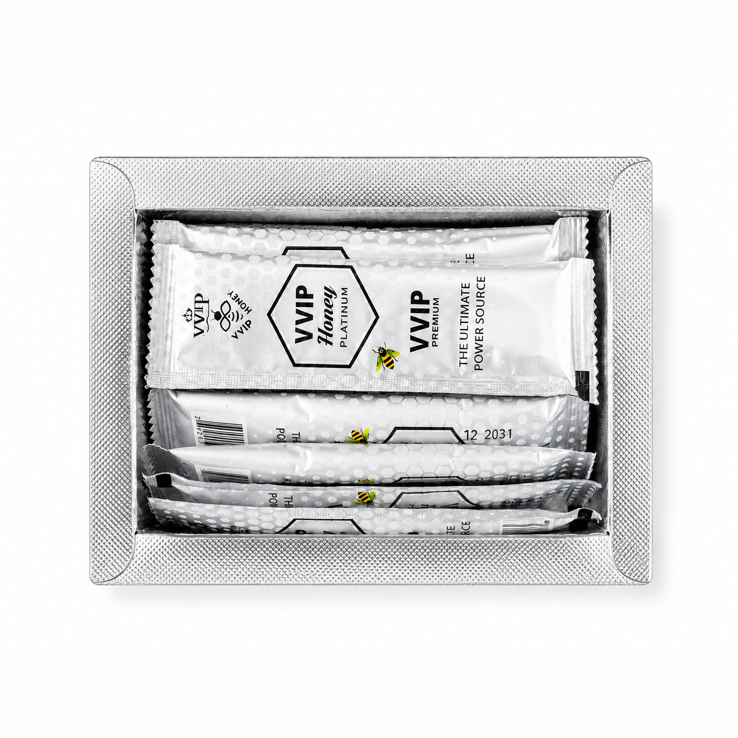 Open Royal Honey Platinum box showing sealed sachets