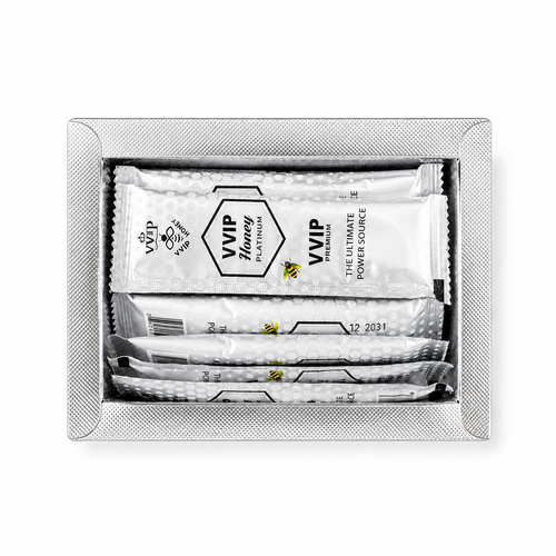 Open Royal Honey Platinum box showing sealed sachets