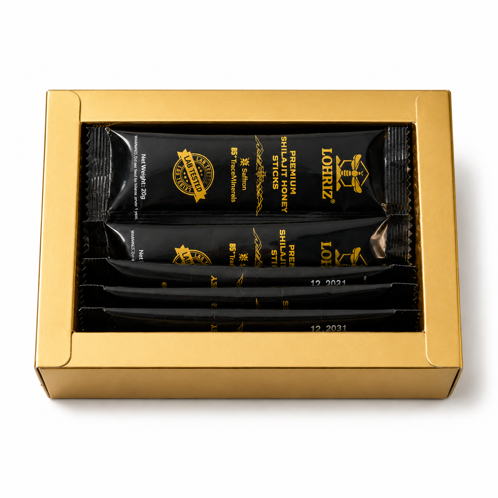 Open LOHRIZ Premium Shilajit Honey box showing sealed sachets
