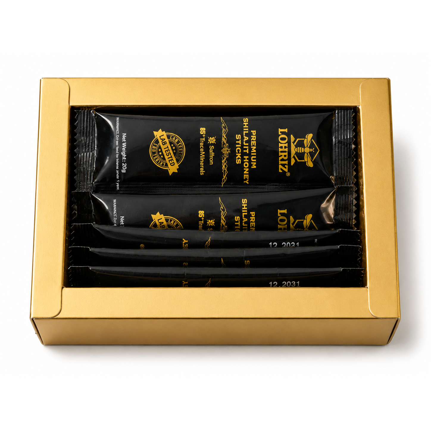 Open LOHRIZ Premium Shilajit Honey box showing sealed sachets