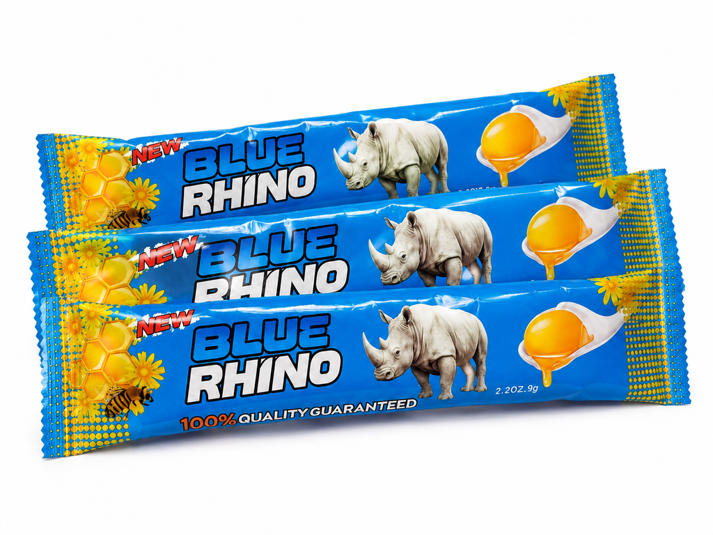 Three individually sealed Blue Rhino Honey sachets