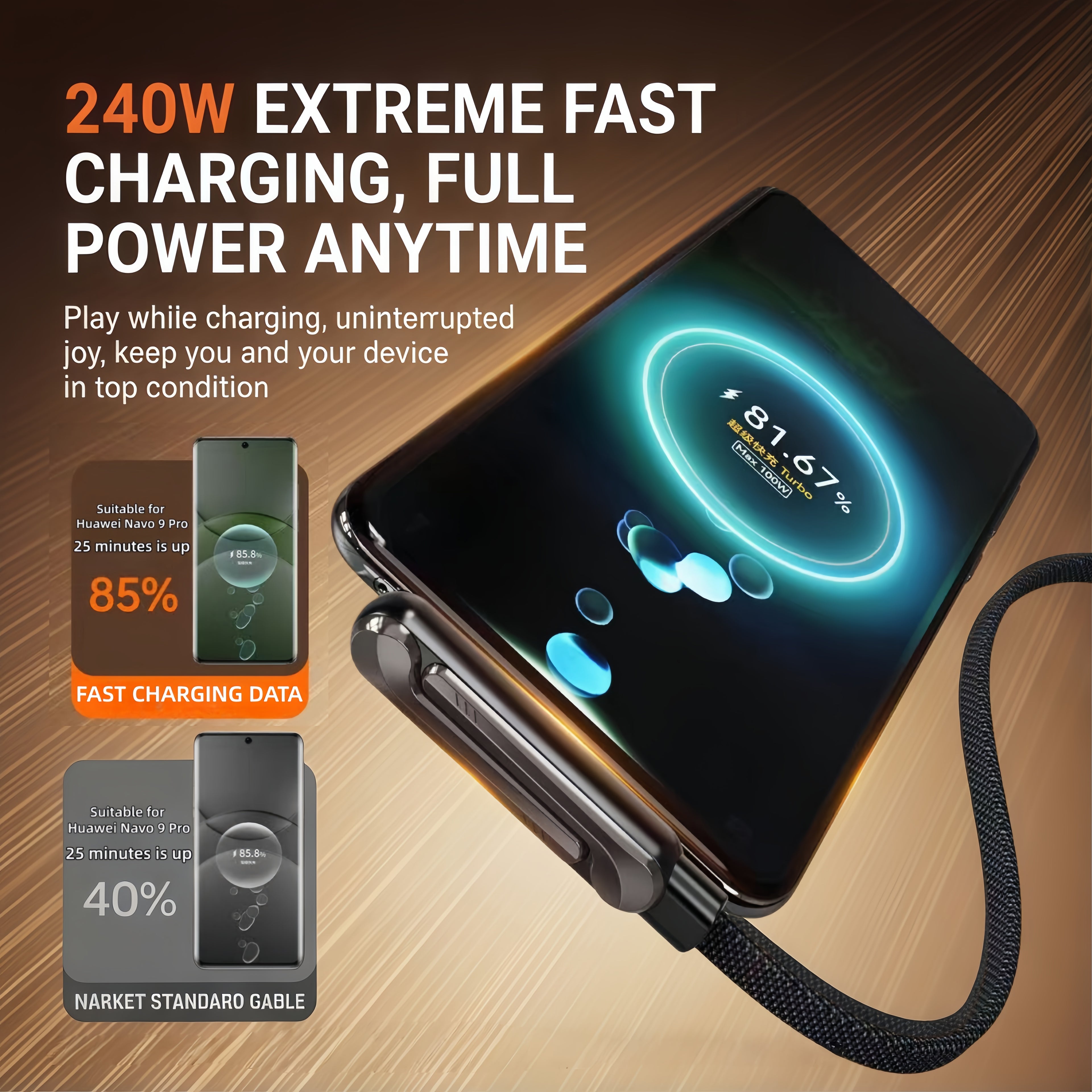 240W Foldable Phone Stand Braided USB-C Charging Data Cable
