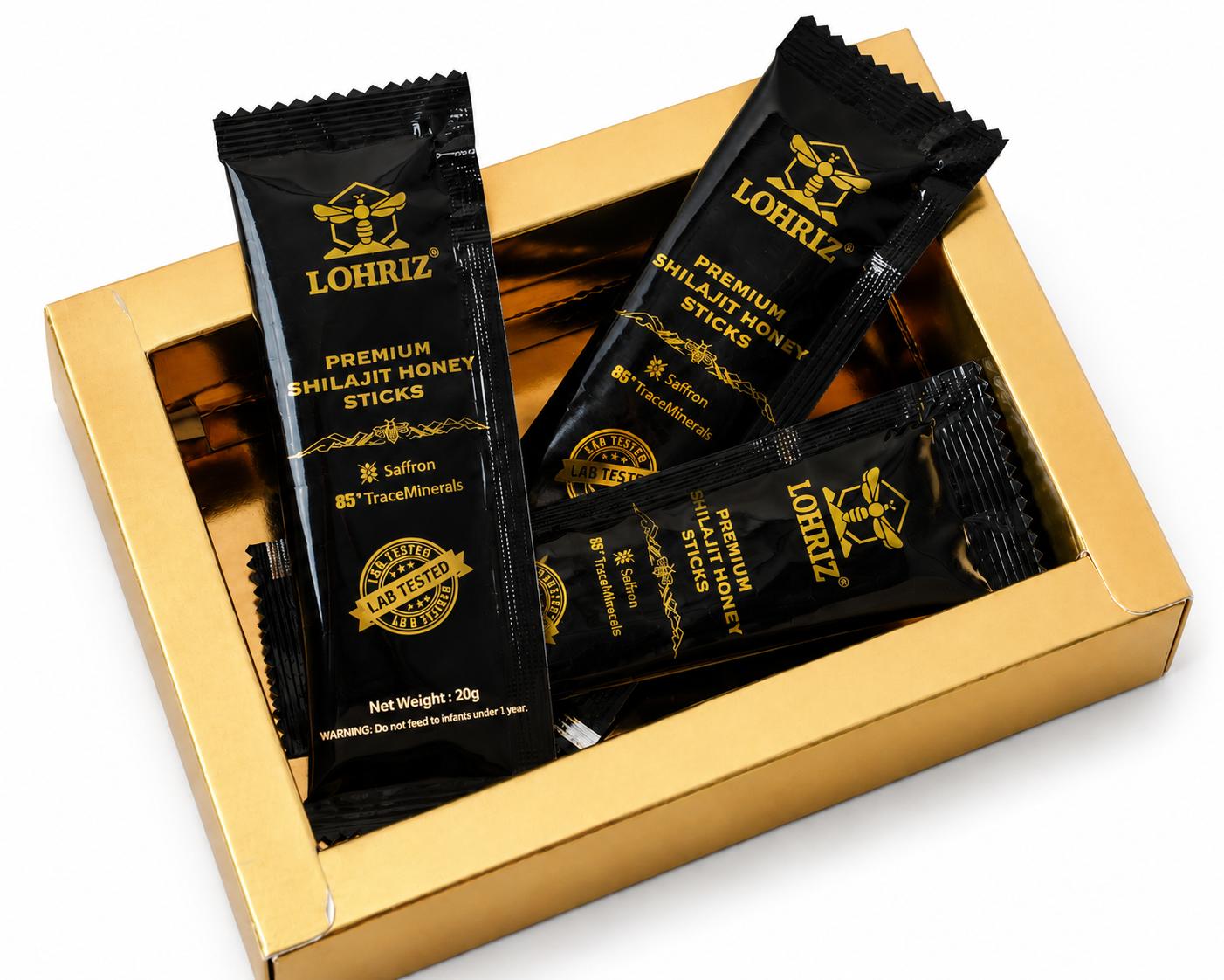 Open LOHRIZ Premium Shilajit Honey box with sachets displayed