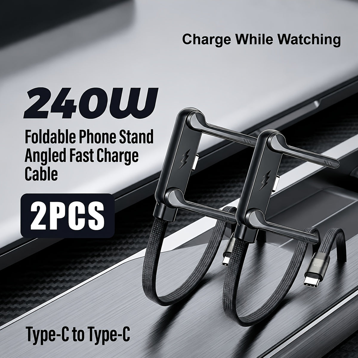 240W Foldable Phone Stand Braided USB-C Charging Data Cable