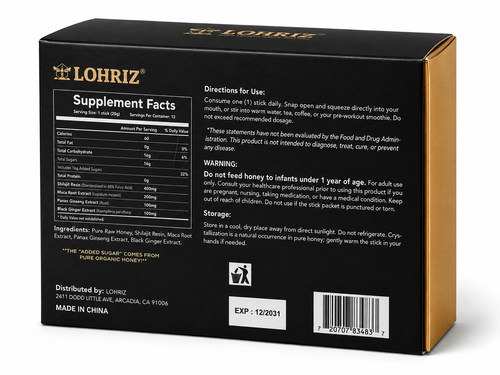 Back panel of the LORIZ Premium Shilajit Honey box with label information