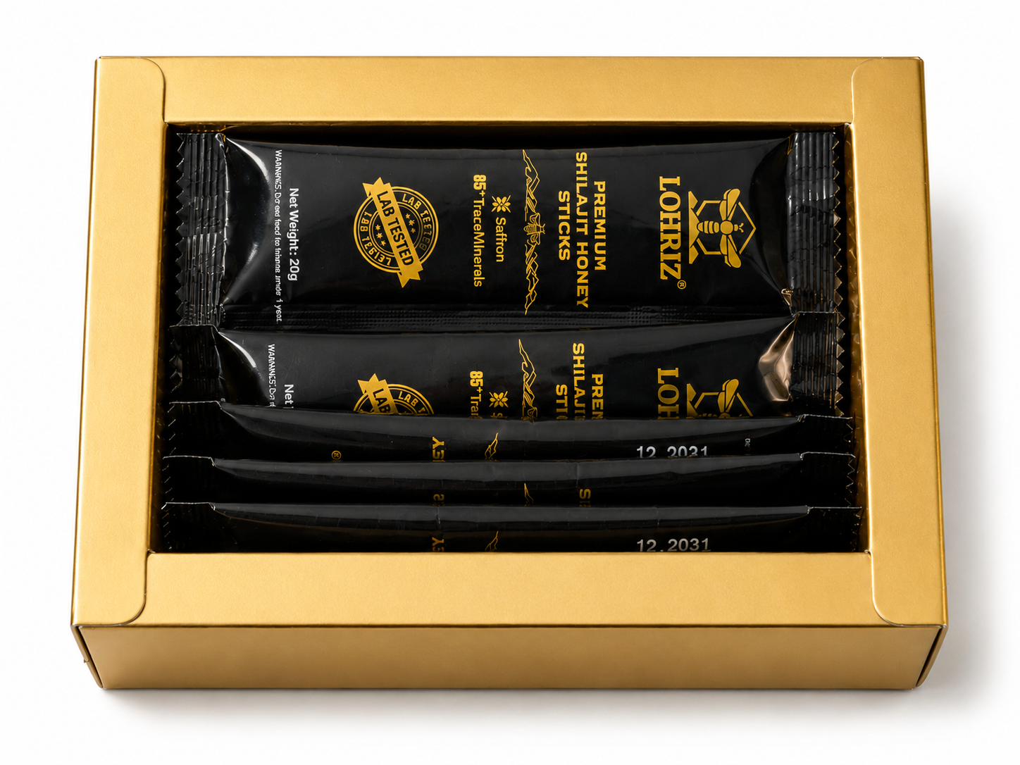 Open LOHRIZ Premium Shilajit Honey box showing sealed sachets