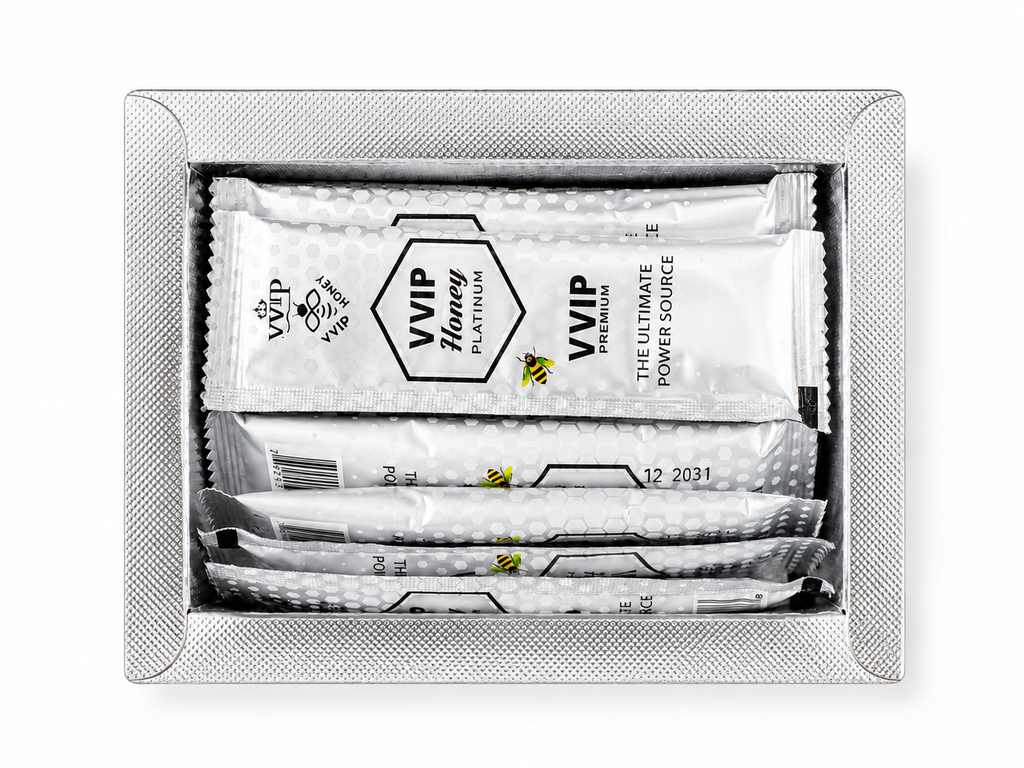 Open Royal Honey Platinum box showing sealed sachets