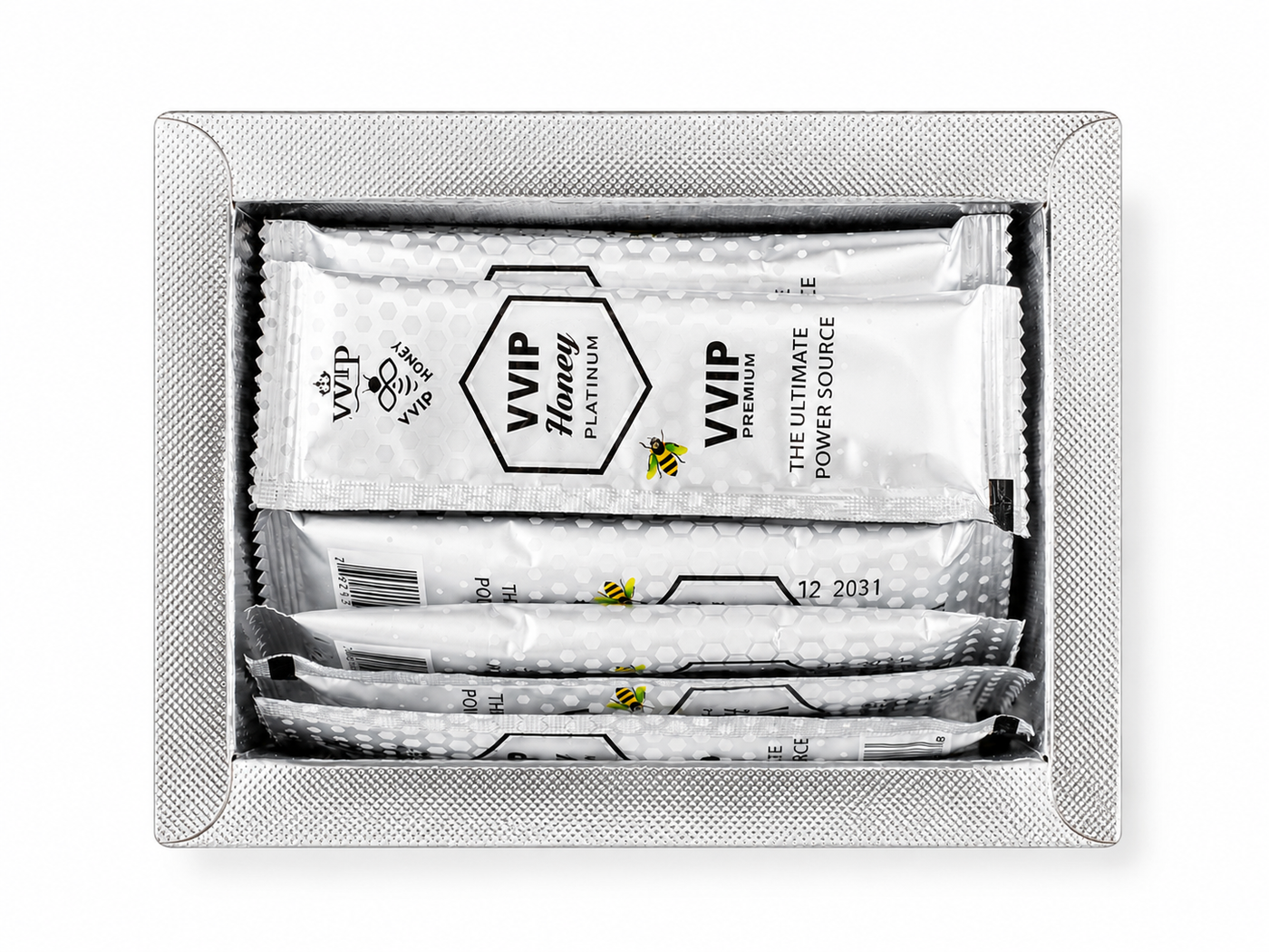 Open Royal Honey Platinum box showing sealed sachets