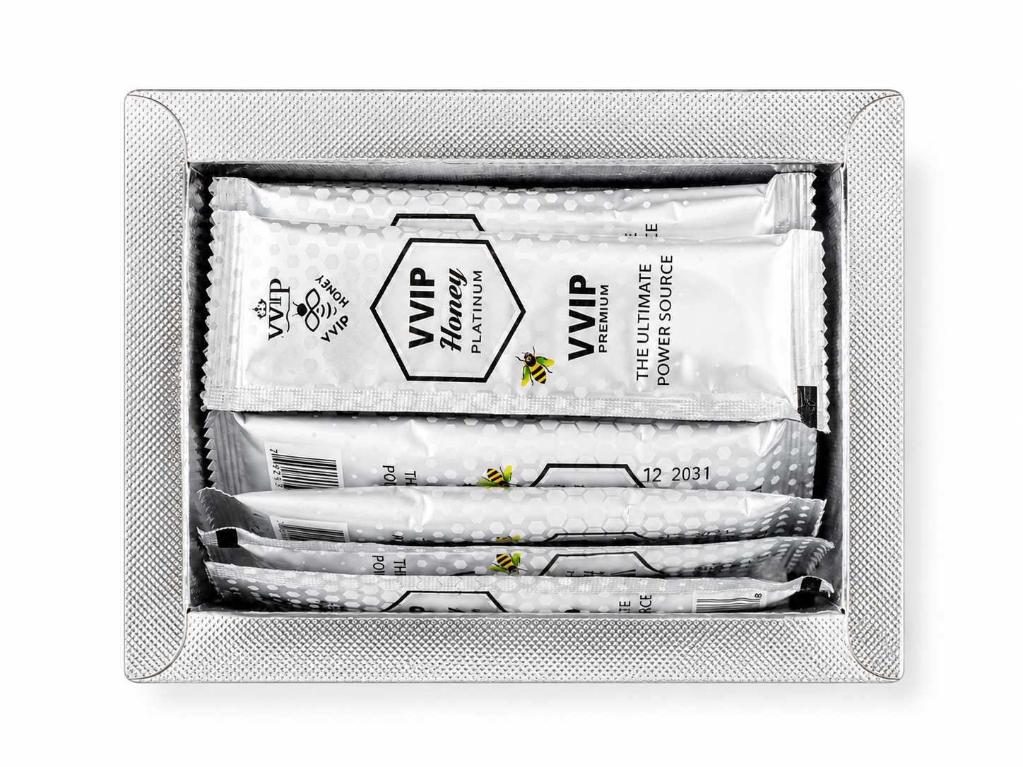 Open Royal Honey Platinum box showing sealed sachets