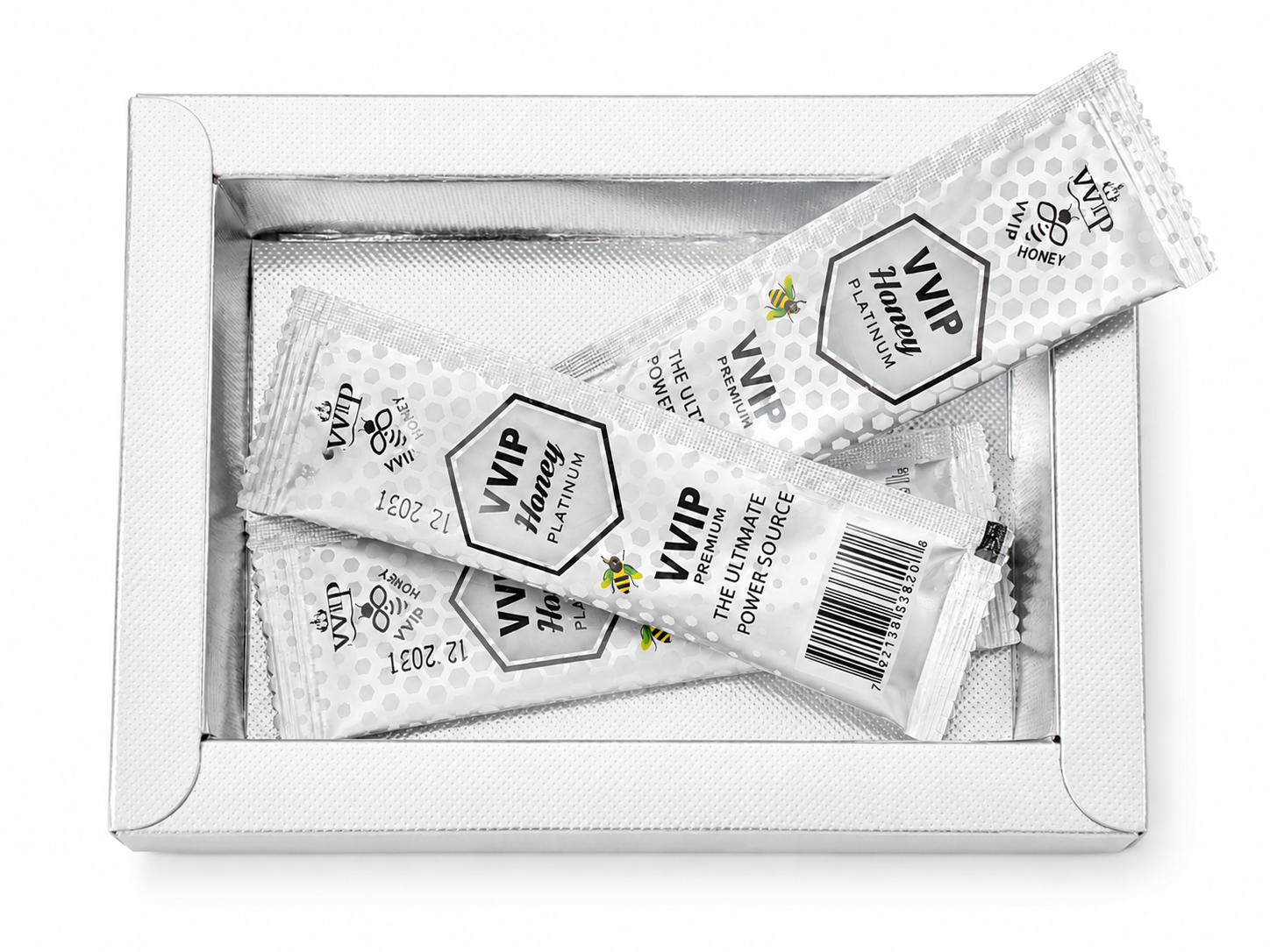 Open Royal Honey Platinum box with several sachets displayed