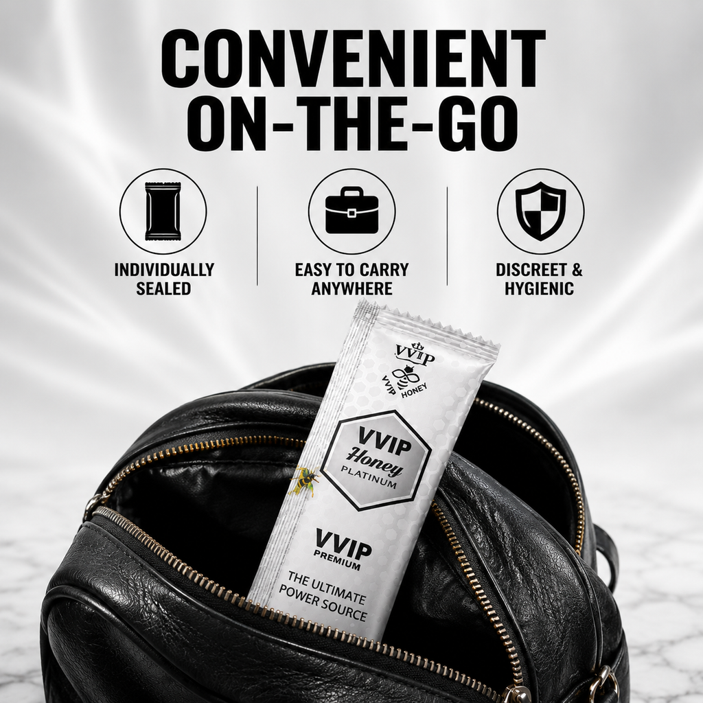Royal Honey Platinum sachet beside a small travel bag