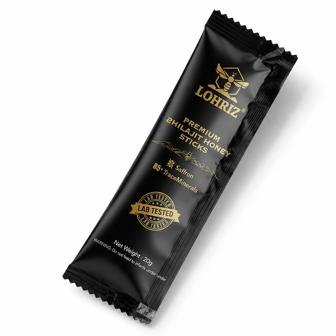 One individually sealed black LORIZ Shilajit Honey sachet