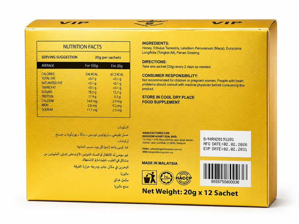 Back panel of the Royal Honey box with nutrition and label information