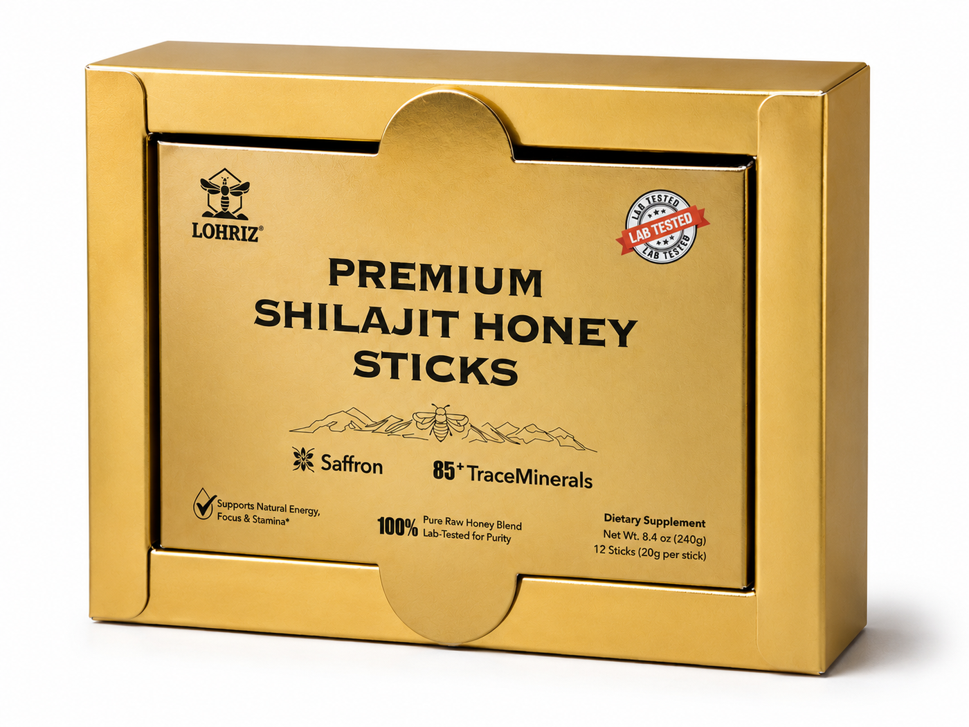 Gold inner package inside the LOHRIZ Premium Shilajit Honey box