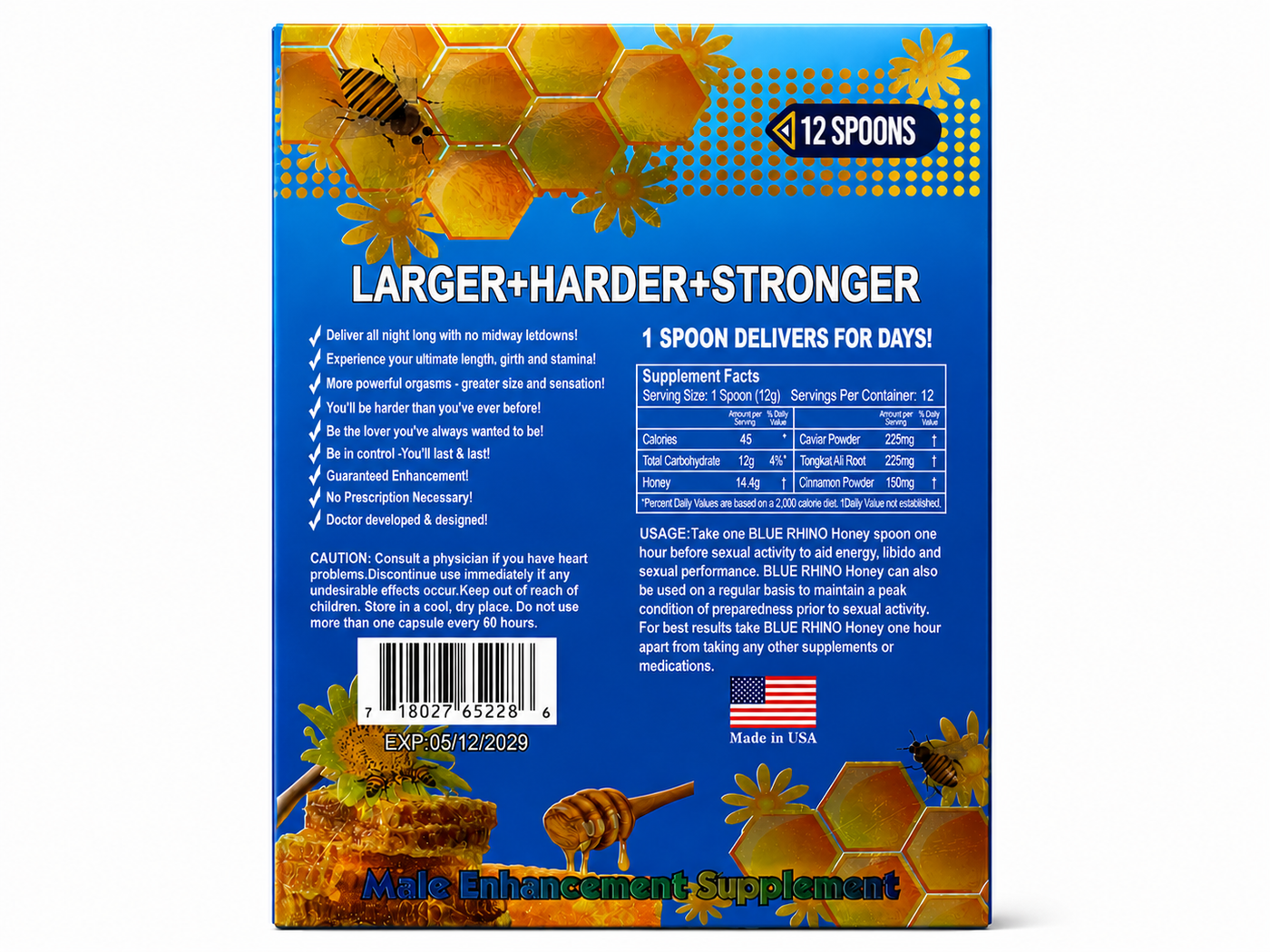 Back panel of the Blue Rhino Honey box with label information