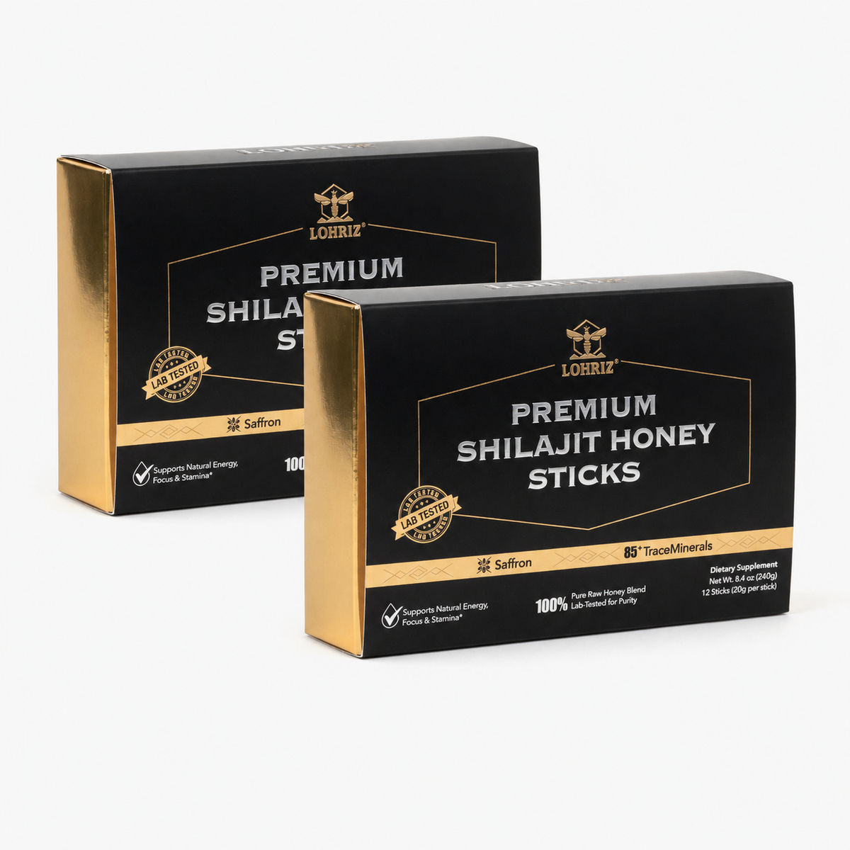 Two boxes of LOHRIZ Premium Shilajit Honey on a white background