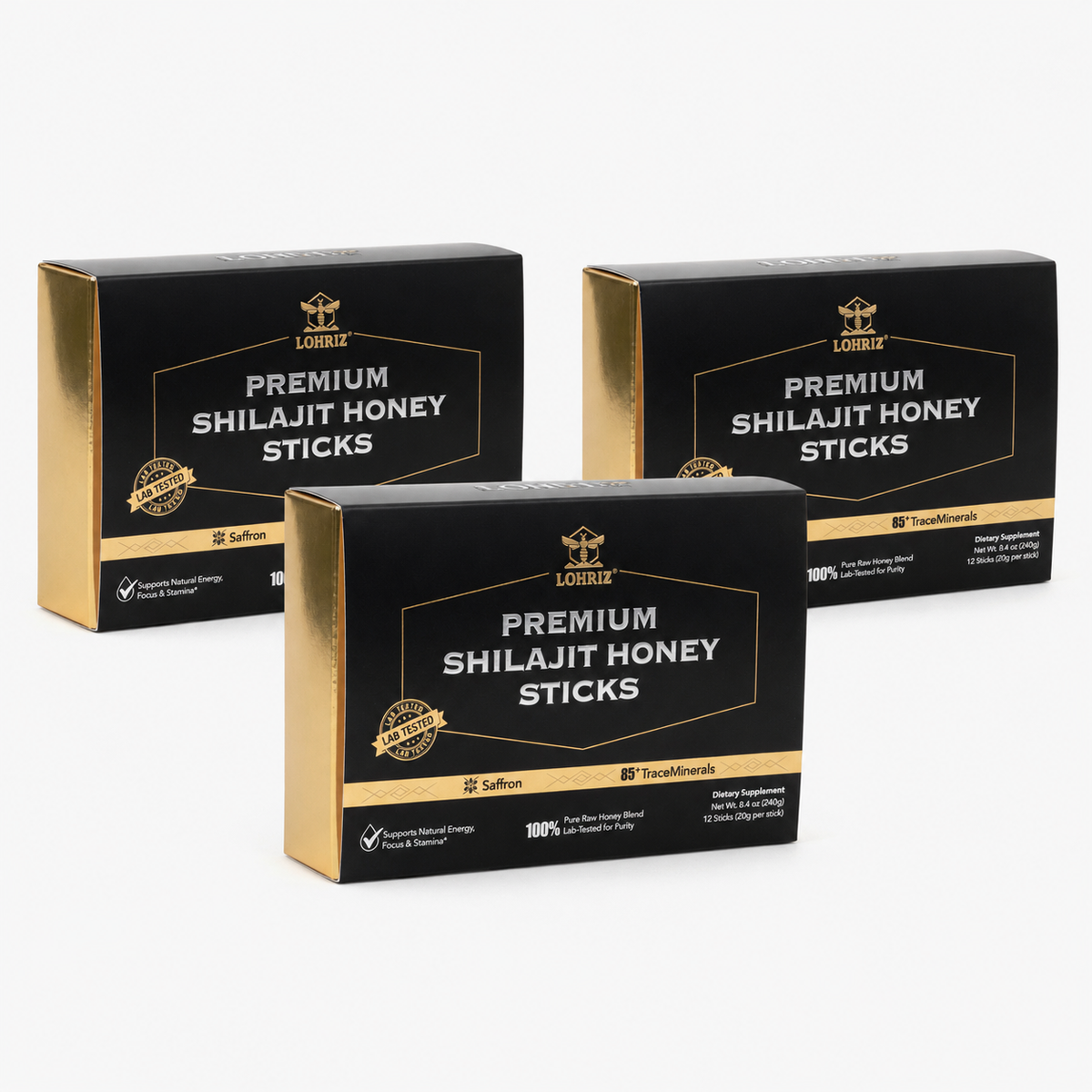 Three boxes of LOHRIZ Premium Shilajit Honey on a white background