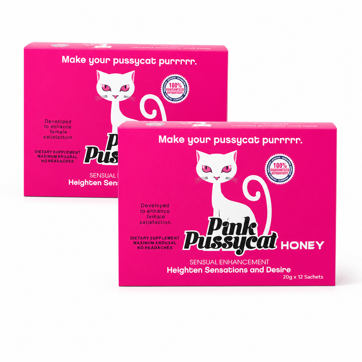Two boxes of Pink Cat Honey on a white background