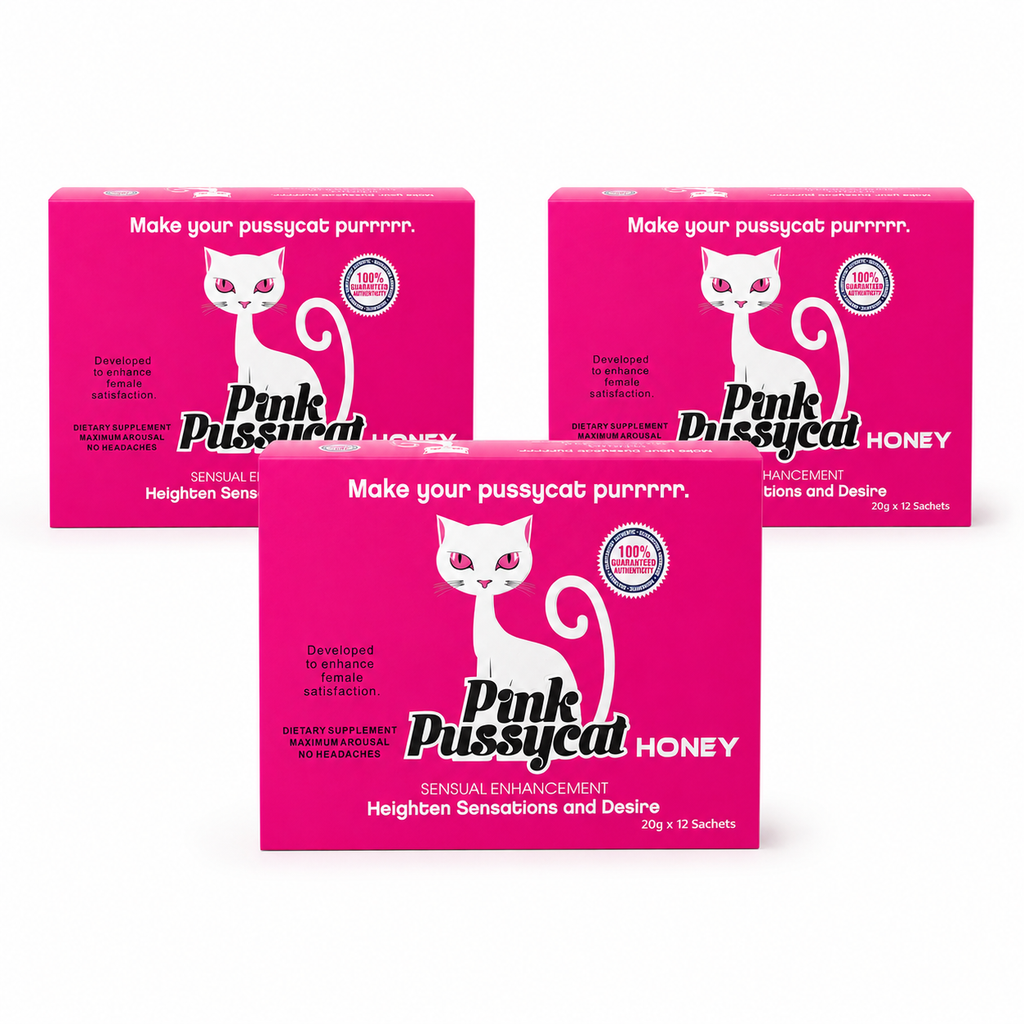 Three boxes of Pink Cat Honey on a white background
