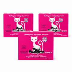 Three boxes of Pink Cat Honey on a white background