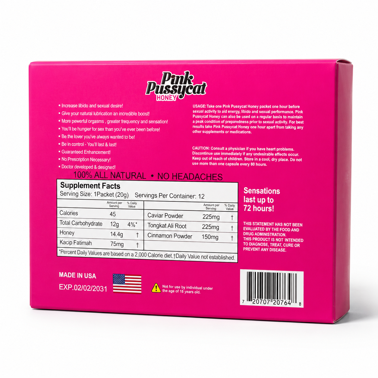 Pink Pussycat Honey back label and supplement facts on a white background