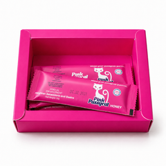Pink Pussycat Honey open box with individually sealed sachets on a white background