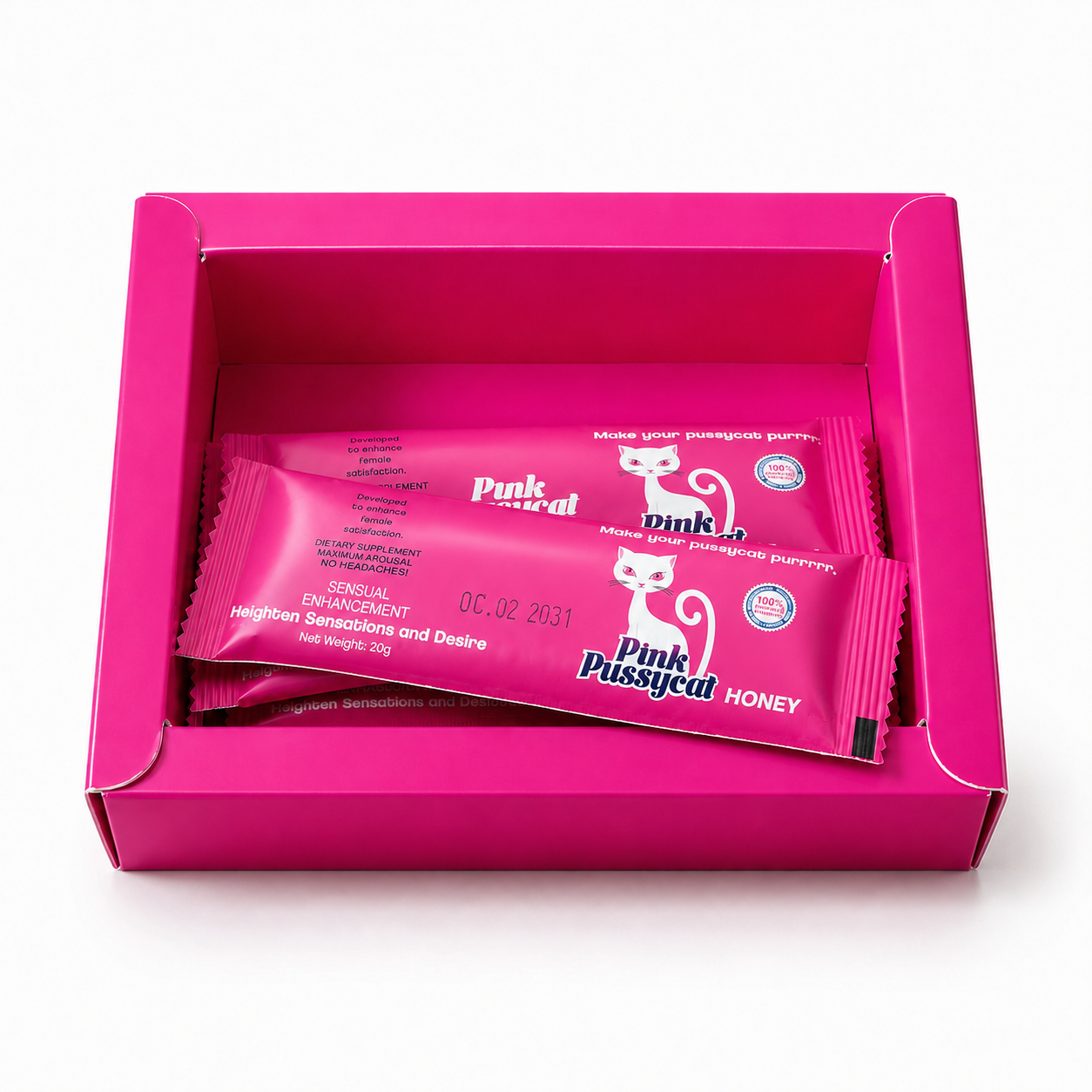Pink Pussycat Honey open box with individually sealed sachets on a white background